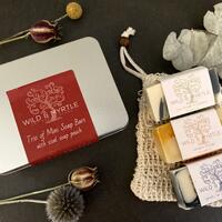Trio of Mini Handmade Botanical Soaps with Sisal Soap Pouch