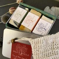 Trio of Mini Handmade Botanical Soaps with Sisal Soap Pouch